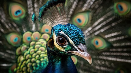 Obraz premium Close-up portrait of a male peacock displaying beautiful plumage- Lincoln, Nebraska, United States of America 