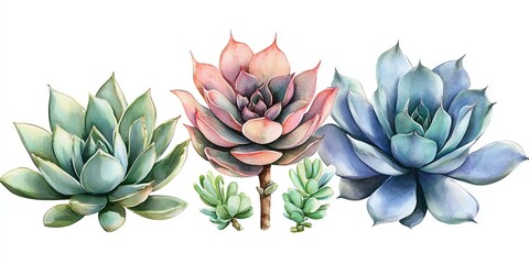 Watercolor painting of succulents in green, pink, and blue hues.