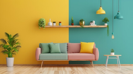 Cozy living room with soft pastel color palette featuring two tone wall, comfortable sofa, and decorative plants. vibrant colors create cheerful atmosphere