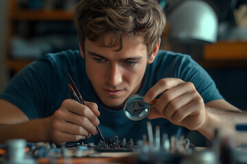 Focused young man painting miniature figurines in his workshop using a magnifying glass