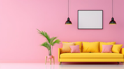 Cozy living room with pastel pink walls, bright yellow sofa adorned with cushions, and stylish pendant lights. green plant adds refreshing touch to space