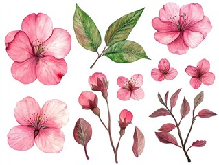 Watercolor illustration set of pink cherry blossom flowers and green leaves isolated on white background.