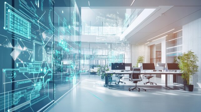 A high-tech AI-powered smart building management system, modern office building with integrated controls for optimizing energy, security