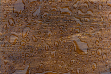 Close up of a stained and sealed waterproof wooden board covered in water drops