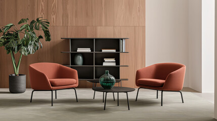 Fototapeta premium Modern orange armchairs with black coffee table and decorative plant