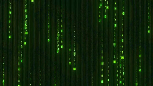 Green binary code falling down, glow effect, black background 4k animation 
