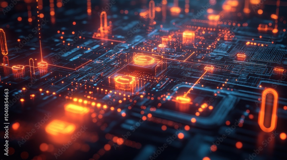 Poster abstract representation of a digital circuit board with glowing elements.