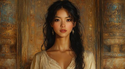 Fototapeta premium Asian Woman in Ancient Temple Painting