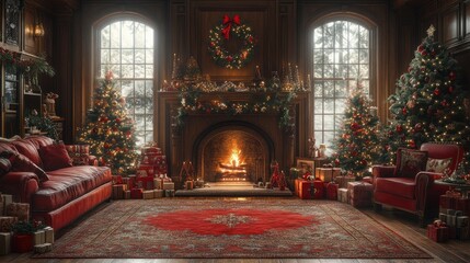 Cozy Christmas living room with decorations and a warm fireplace.