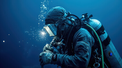 Diving deep underwater, welder creates bright sparks while repairing equipment, showcasing intensity and skill required in deep sea welding