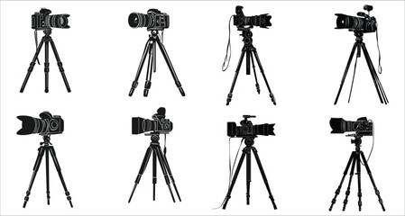 Digital video camera tripod silhouettes. Silhouettes of video camera tripods vector. Camera stand vector silhouettes collection. Abstract tripod silhouettes icon vector design