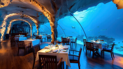 stunning underwater restaurant featuring elegant tables and chairs, surrounded by vibrant marine life and breathtaking view of ocean. ambiance is serene and inviting, perfect for unique dining