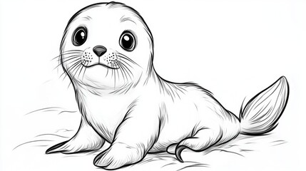 Obraz premium Cute Baby Seal Pup Drawing Black and White Illustration Animal Portrait