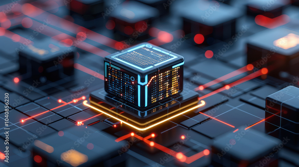 Aufkleber digital blockchain network technology is represented by glowing microchip surrounded by interconnect