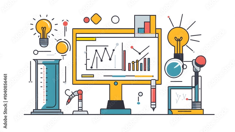 Poster data analysis and innovation with chart graph and lightbulb