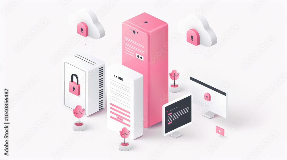 Aufkleber Digital cloud security illustration featuring lock, servers, and devices. This modern design emphasizes data protection and secure storage solutions in vibrant color scheme