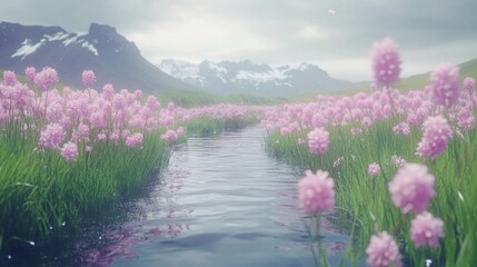 Serene Stream Flowing Through Pink Flower Field With Mountain Background