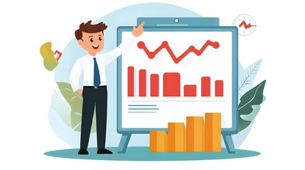 Businessman Presenting Financial Report with Charts and Graphs
