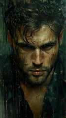 Intense Portrait of a Man in the Rain