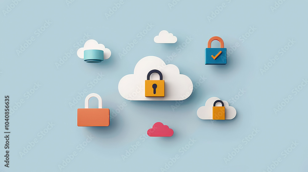 Poster digital cloud with lock symbols representing security and data protection. image showcases various c
