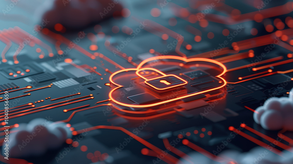 Poster digital cloud with lock symbol showcasing secure data storage and protection. vibrant colors and int
