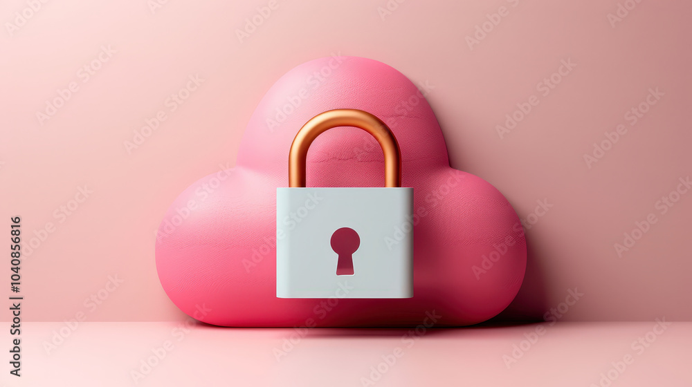 Poster Digital illustration of cloud with lock symbol, representing data security and privacy. soft pink background enhances modern and secure feel of image