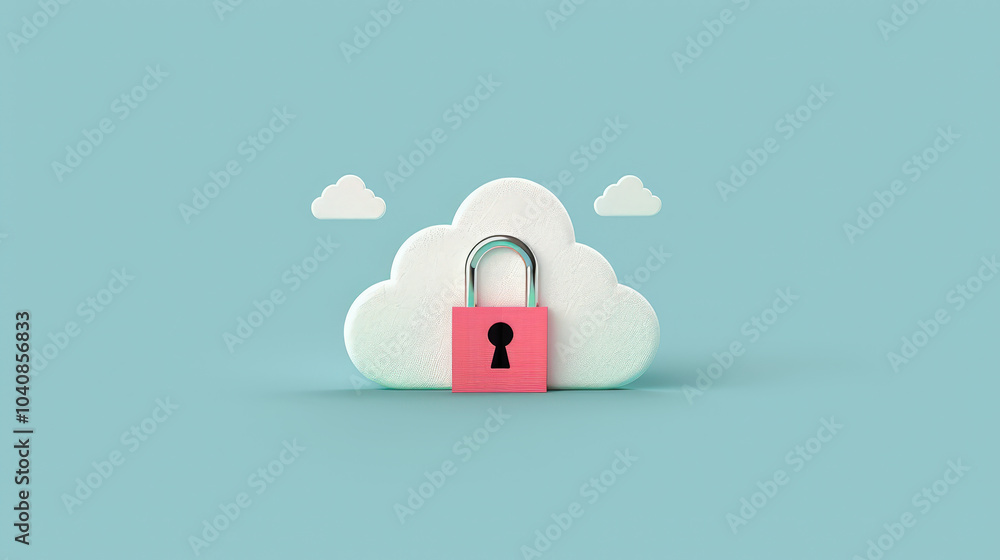 Poster digital illustration of padlock embedded within cloud, symbolizing data security and protection. des