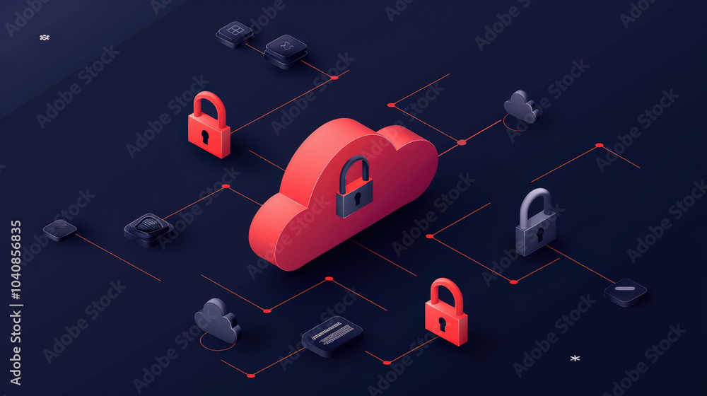 Poster digital illustration of cloud with padlocks, symbolizing data security and protection. design featur