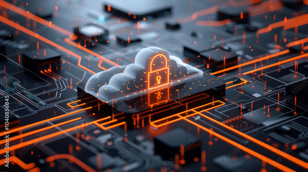 Poster Digital illustration of padlock embedded within cloud, symbolizing cybersecurity and data protection. vibrant orange lines represent data flow in tech environment