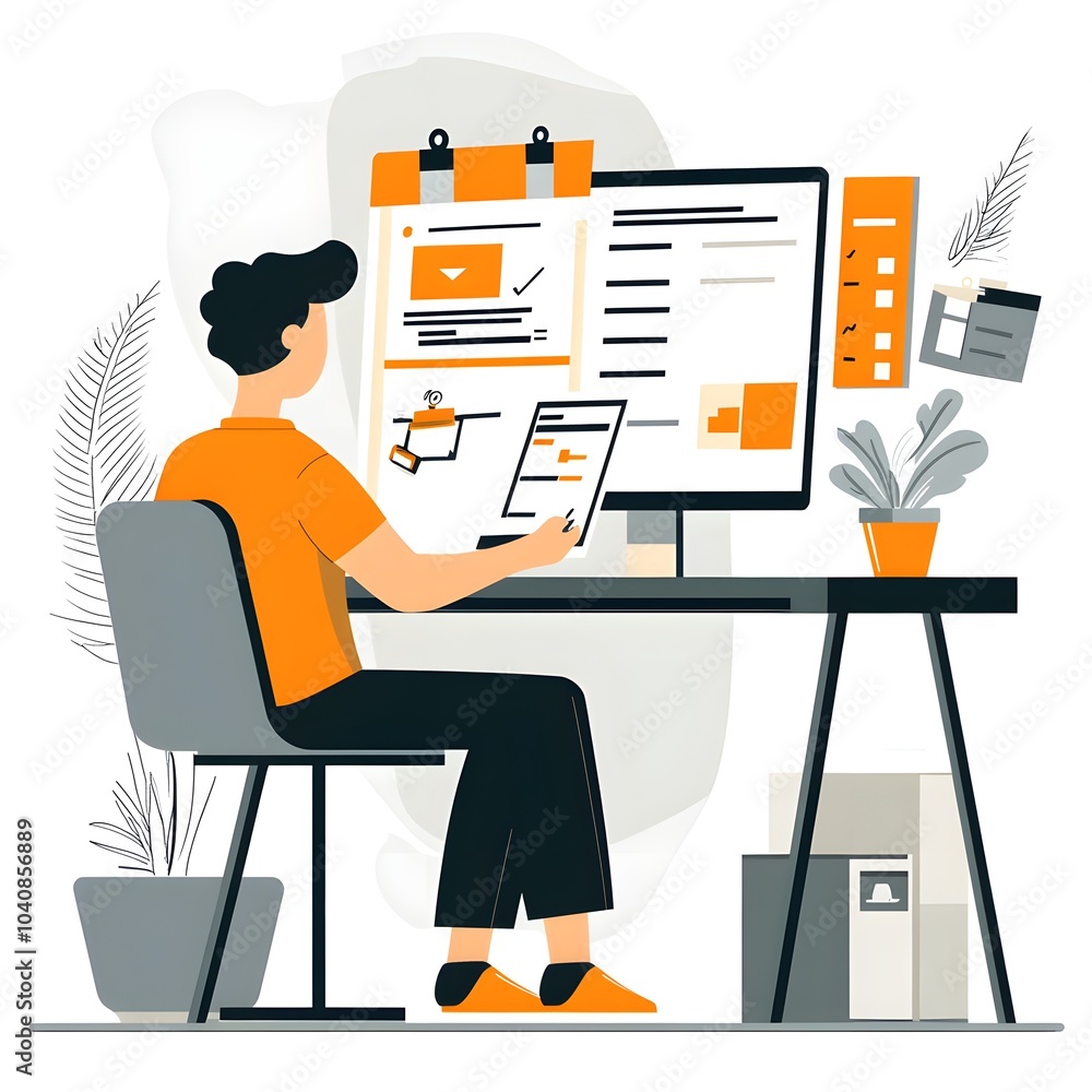Poster man working on computer at desk