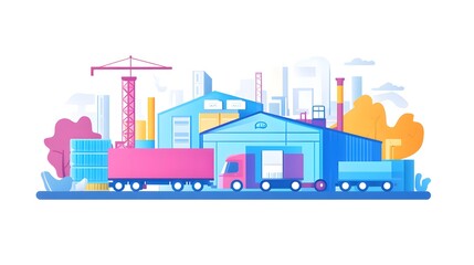 Obraz premium Industrial Warehouse Complex with Trucks and Crane