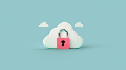 Digital illustration of padlock embedded within cloud, symbolizing data security and protection. design features soft color palette, evoking sense of safety and reliability