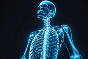 A glowing blue 3D x-ray of a human skeleton, focusing on the spine and ribcage. Dark background with blank space provides room for chiropractic services, health ads, or spine care promotions.