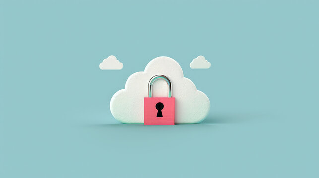 Digital illustration of padlock embedded within cloud, symbolizing data security and protection. design features soft color palette, evoking sense of safety and reliability