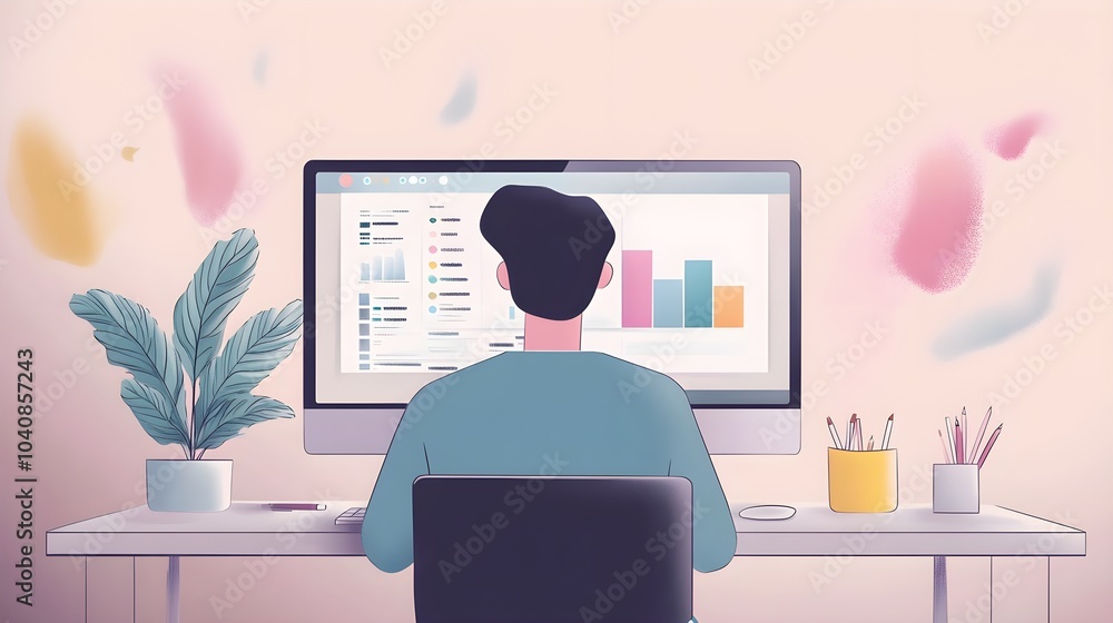 Poster man working on computer with data charts and plant on desk