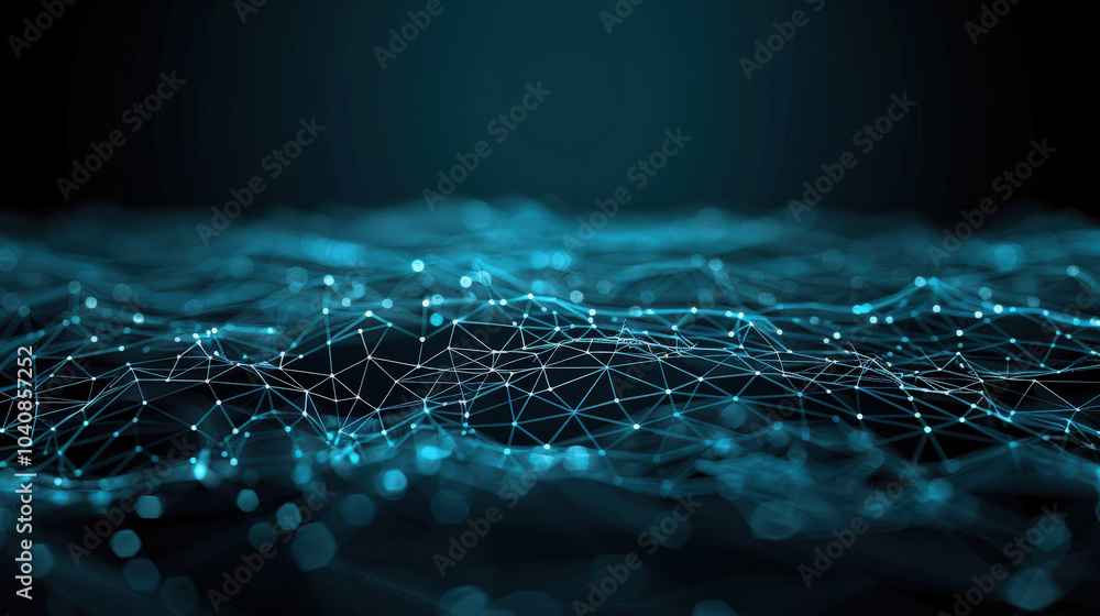 Poster digital web of glowing points and sharp lines creates mesmerizing visual effect, resembling network 