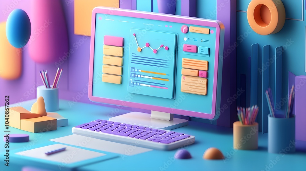 Poster modern minimalist 3d illustration of a desktop with a computer keyboard and colorful geometric shape