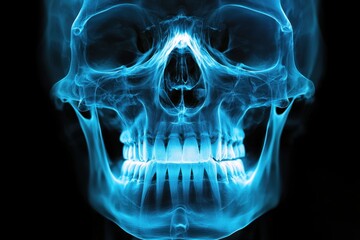 A glowing blue 3D x-ray of the human skull with clear visibility of the jaw, teeth, and nasal cavity. Background in deep shadow, leaving room for dental or maxillofacial surgery promotion. 