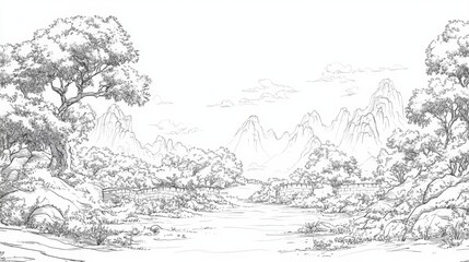 Naklejka premium Hand Drawn Sketch of Mountainous Landscape with Trees and River
