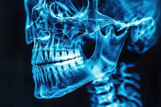 A glowing blue 3D x-ray of the human skull with clear visibility of the jaw, teeth, and nasal cavity. Background in deep shadow, leaving room for dental or maxillofacial surgery promotion.