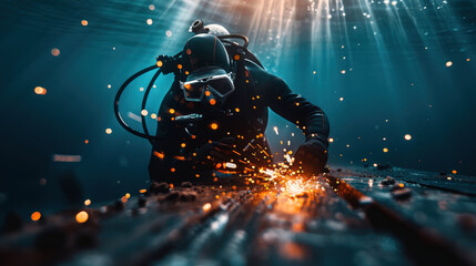 Obraz premium Diver cutting thick metal beams underwater, creating sparks in mesmerizing underwater scene. play of light and water enhances dramatic atmosphere of this intense work
