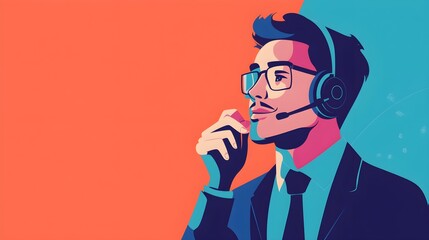Businessman wearing headset and glasses  looking thoughtful