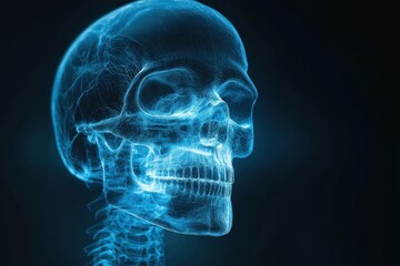 A vibrant blue 3D x-ray of the human skull, showing detailed bone structures with transparency effects. The background is dark with blank space for medical research or healthcare technology promotion.