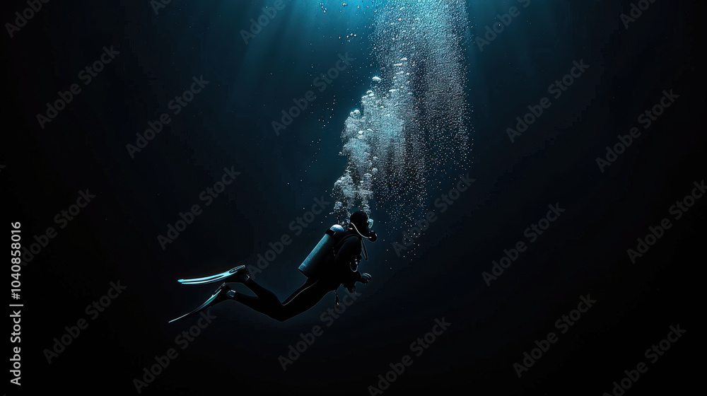 Poster diver cutting through submerged environment, surrounded by bubbles and illuminated by beams of light