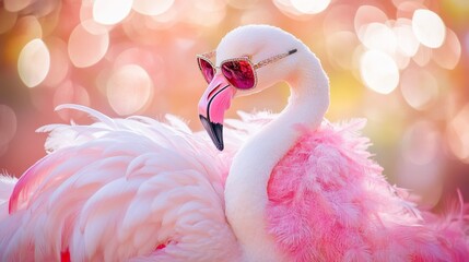 Naklejka premium Pink Flamingo with Sunglasses in Bokeh Background