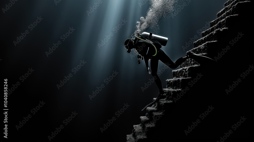 Poster diver descending underwater, exploring submerged structures with beams and stairs, surrounded by bea