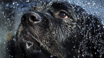 Black Dog Close Up with Water Droplets   Wet Fur  Canine Portrait