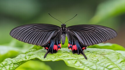 Black and Red Butterfly on Green Leaf   Nature Macro Photography