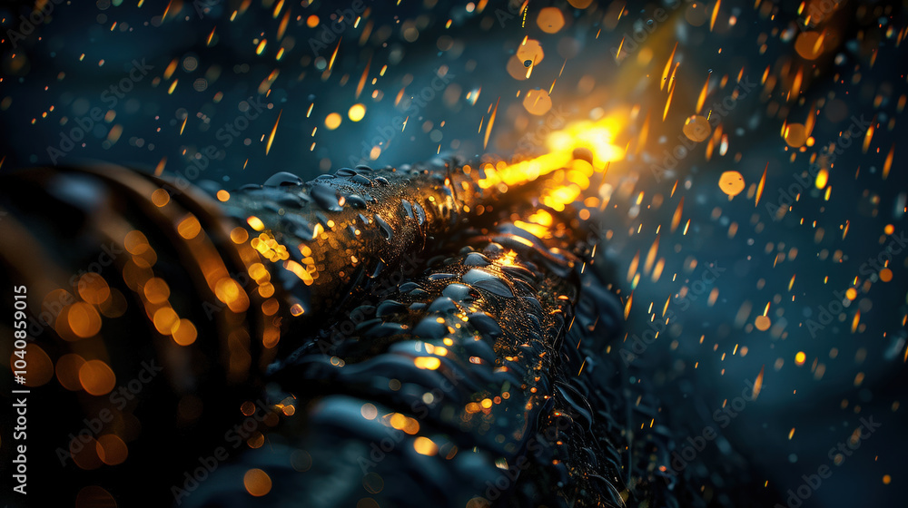 Poster dramatic close up of metallic surface with water droplets and shimmering light, creating captivating