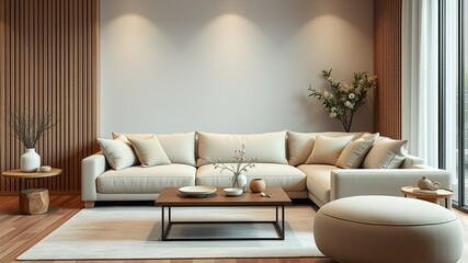 Minimalist Living Room with Beige Sofa and Coffee Table in Serene Forest Setting